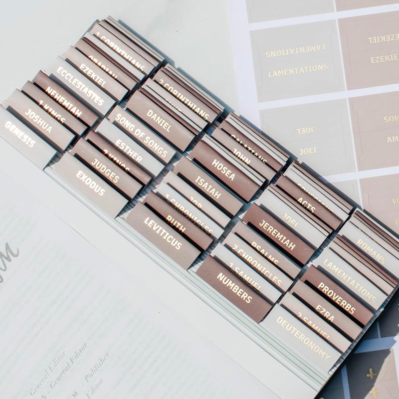 Daybreak 41 Decorative Bible Tabs for Women (96 Pieces) - Earth Tone Neutral Gold Foil Bible Tabs - Laminated Bible Labels Tabs – Remove & Replace Bible Index Tabs - Bible Study Supplies for Women (Oak) - Image 1